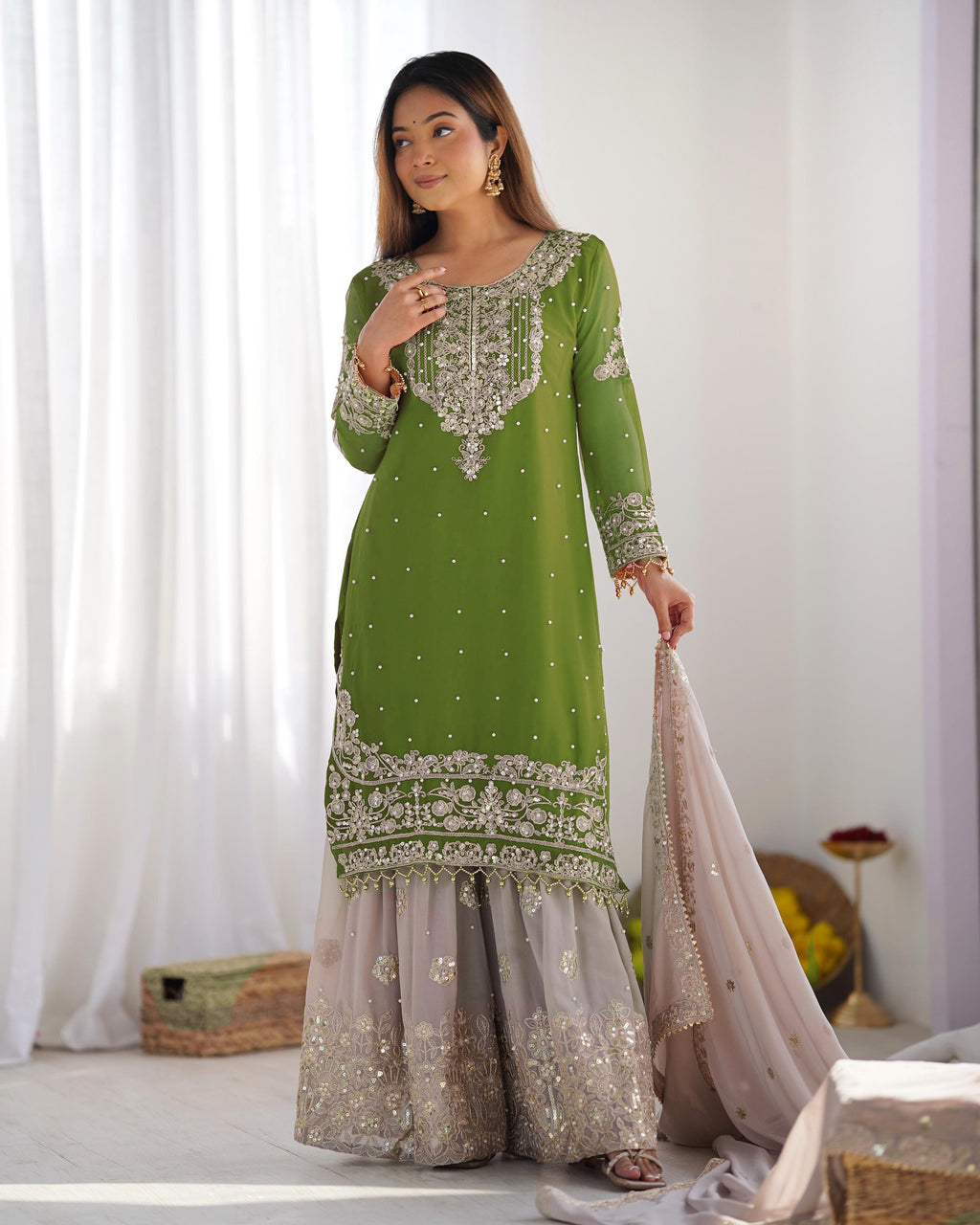 Teeya Creation Parrot Green Color Faux Georgette Heavy Embroidery Work Pakistani Fully Stitched Salwar Suit | Grocsy