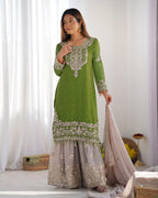 Teeya Creation Parrot Green Color Faux Georgette Heavy Embroidery Work Pakistani Fully Stitched Salwar Suit | Grocsy
