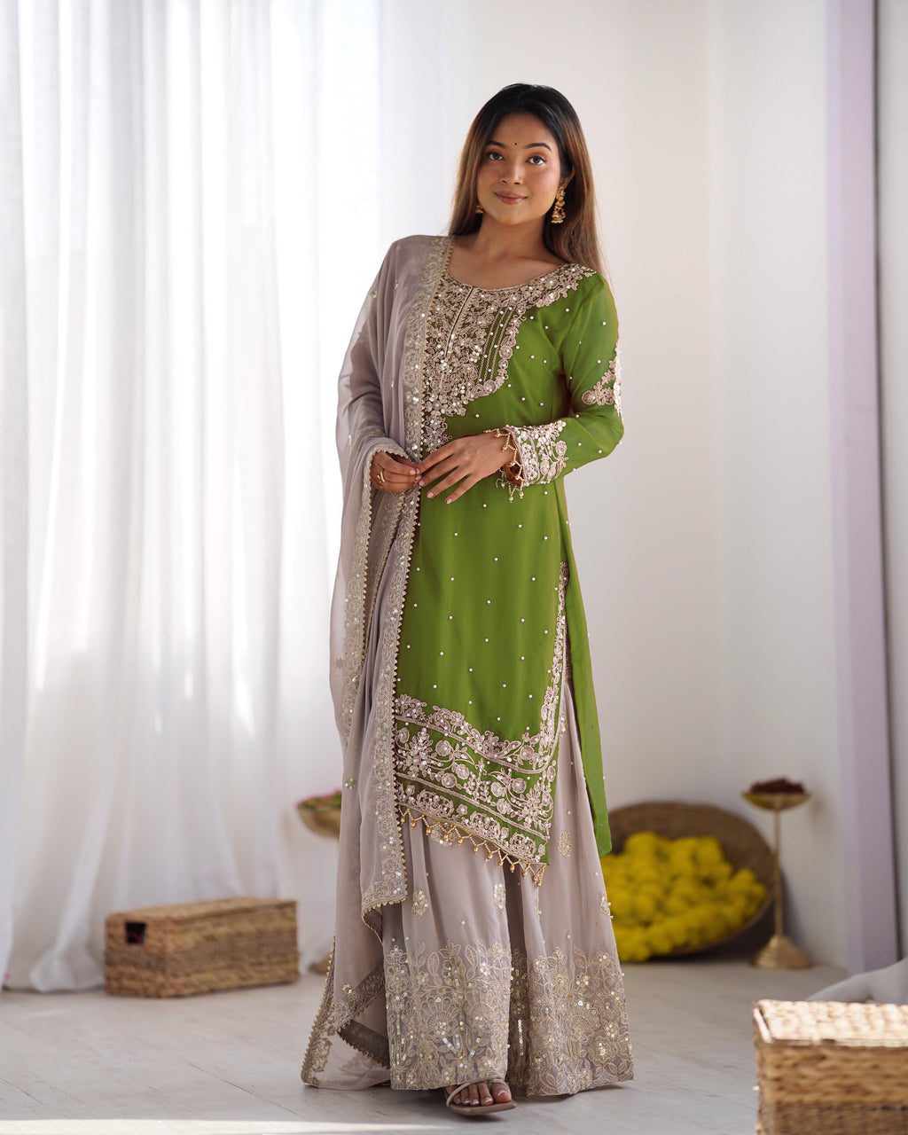 Teeya Creation Parrot Green Color Faux Georgette Heavy Embroidery Work Pakistani Fully Stitched Salwar Suit | Grocsy