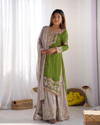 Teeya Creation Parrot Green Color Faux Georgette Heavy Embroidery Work Pakistani Fully Stitched Salwar Suit | Grocsy