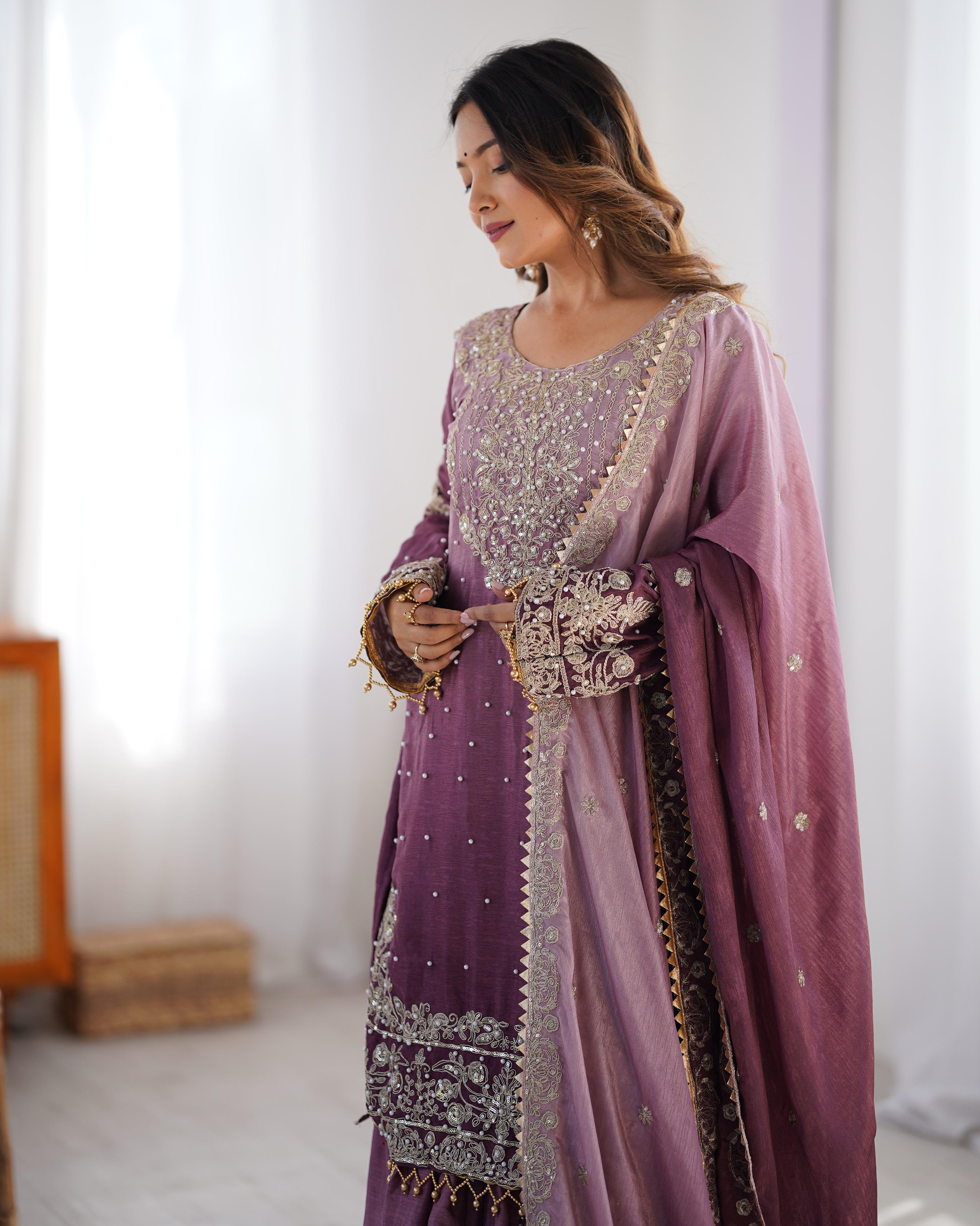 Teeya Creation Multi Color Chinon Silk Heavy Embroidery Work Pakistani Fully Stitched Salwar Suit | Grocsy
