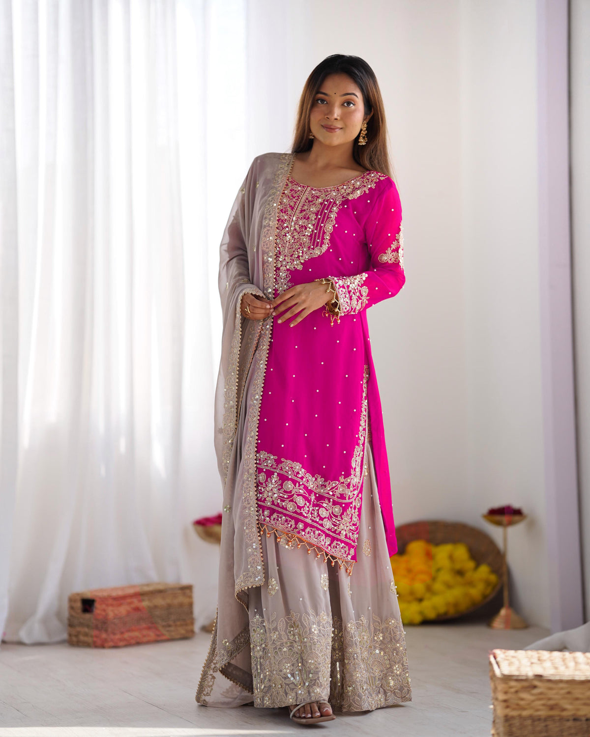 Teeya Creation Pink Color Faux Georgette Heavy Embroidery Work Pakistani Fully Stitched Salwar Suit | Grocsy