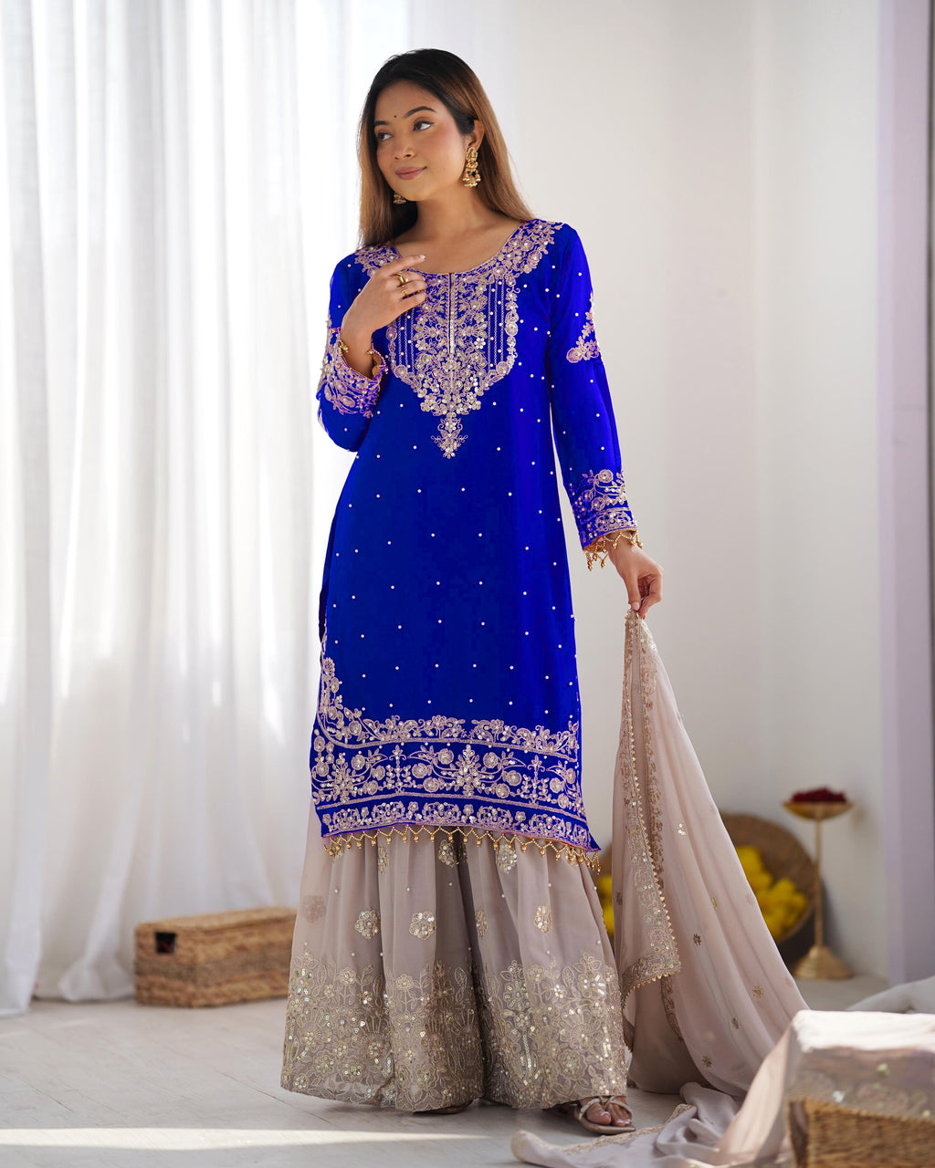 Teeya Creation Royal Blue Color Faux Georgette Heavy Embroidery Work Pakistani Fully Stitched Salwar Suit | Grocsy