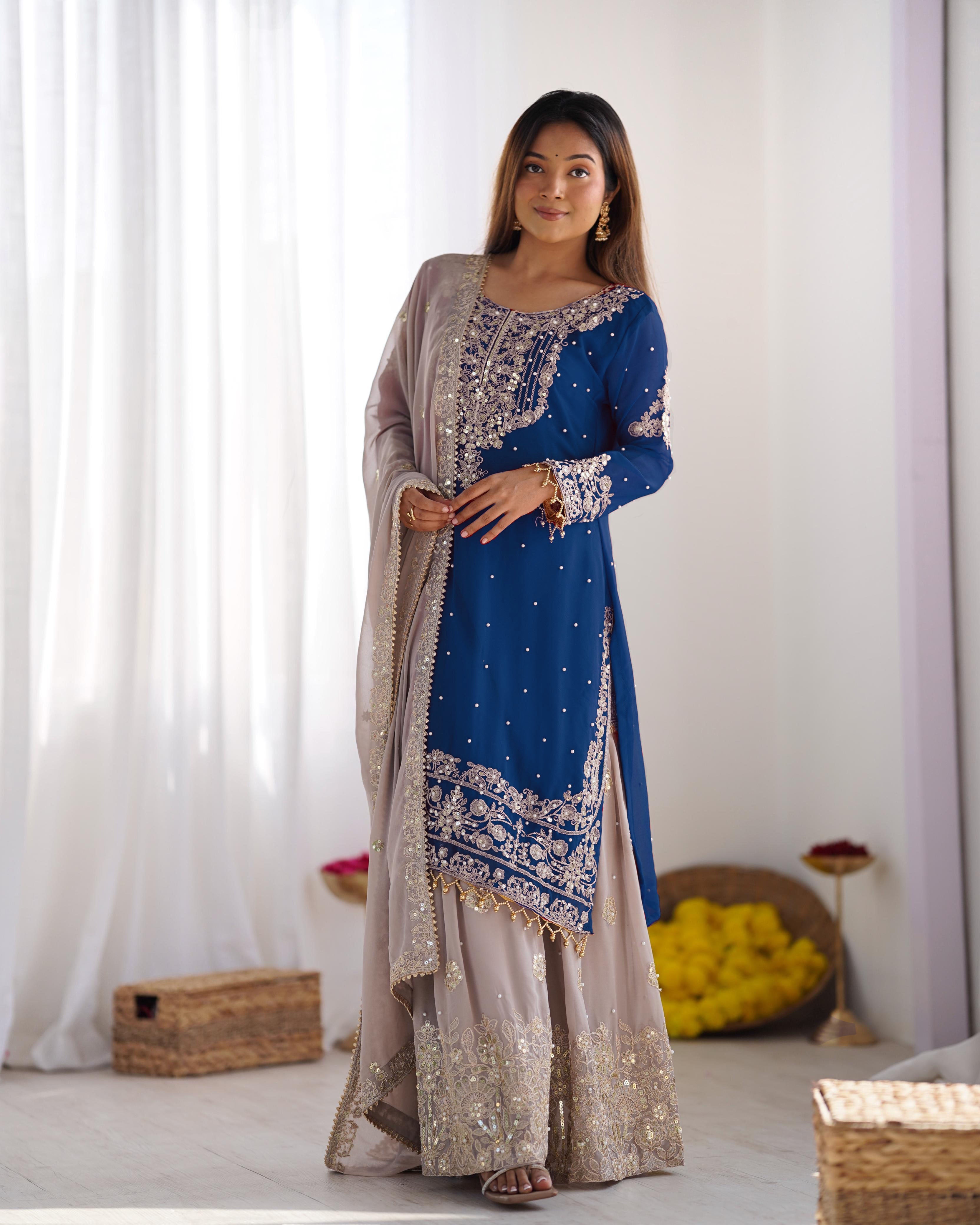 Teeya Creation Teal Color Faux Georgette Heavy Embroidery Work Pakistani Fully Stitched Salwar Suit | Grocsy