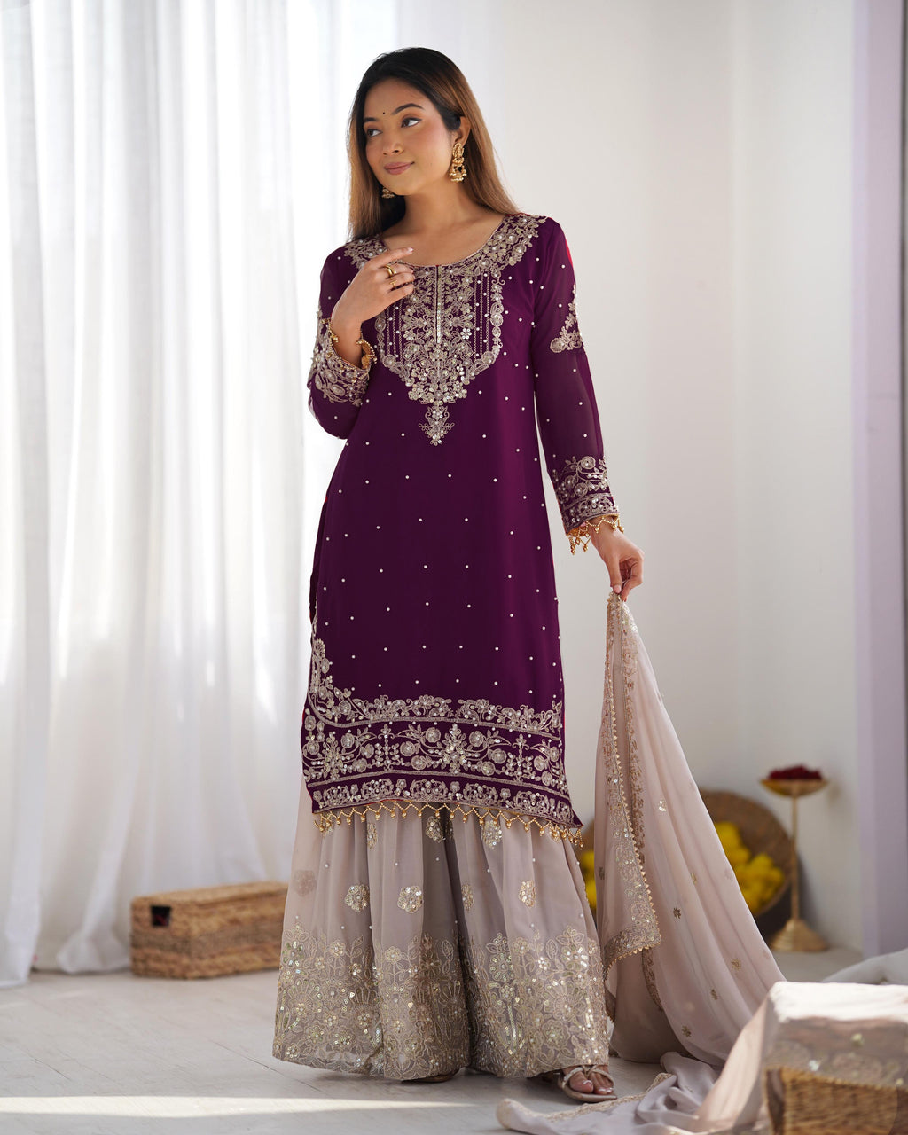 Teeya Creation Wine Color Faux Georgette Heavy Embroidery Work Pakistani Fully Stitched Salwar Suit | Grocsy