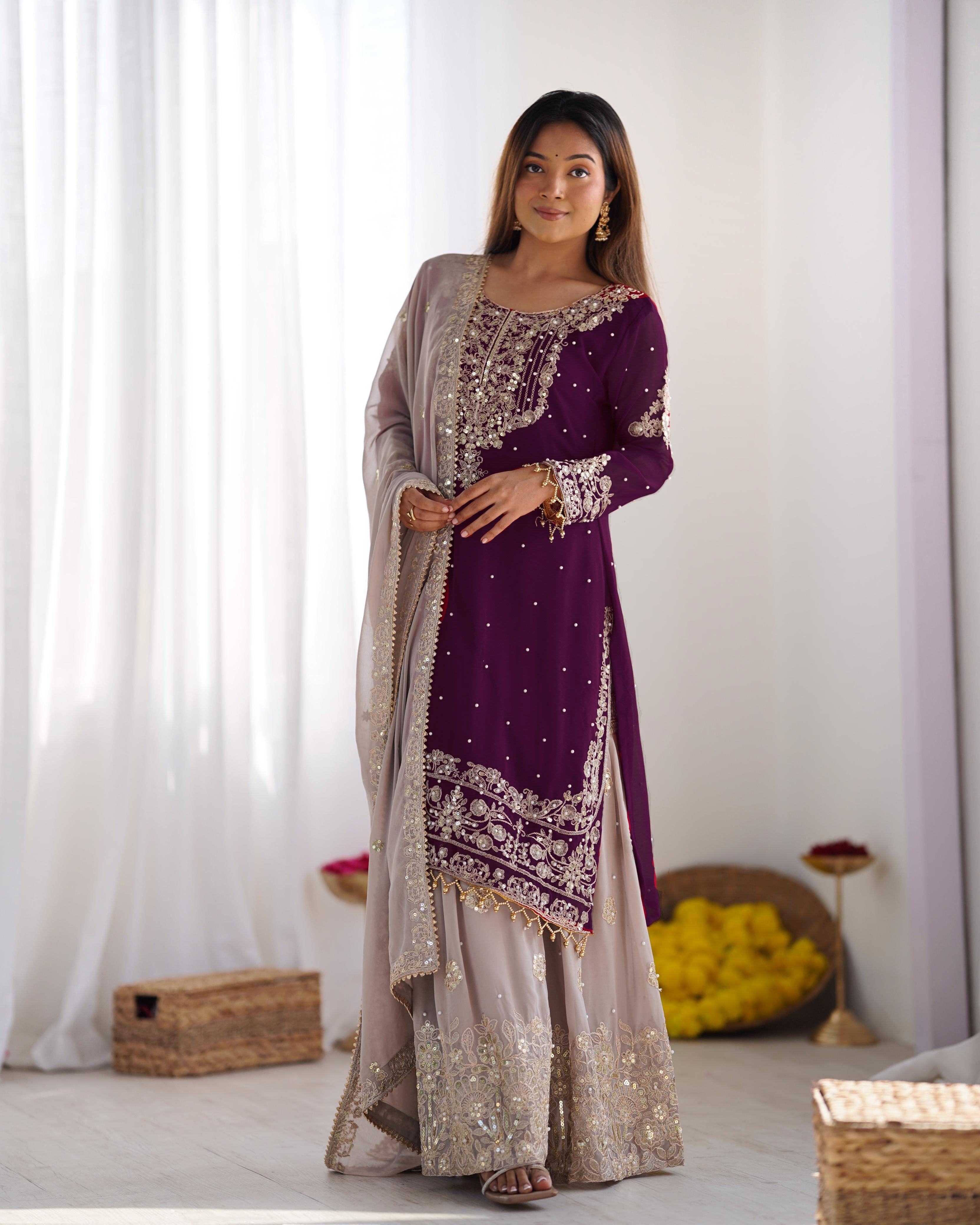 Teeya Creation Wine Color Faux Georgette Heavy Embroidery Work Pakistani Fully Stitched Salwar Suit | Grocsy