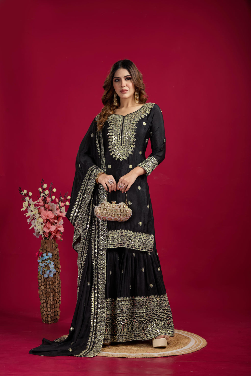 Teeya Creation Black Color Chinnon Silk Heavy Embroidery Work Fully Stitched Sharara Suit | Grocsy
