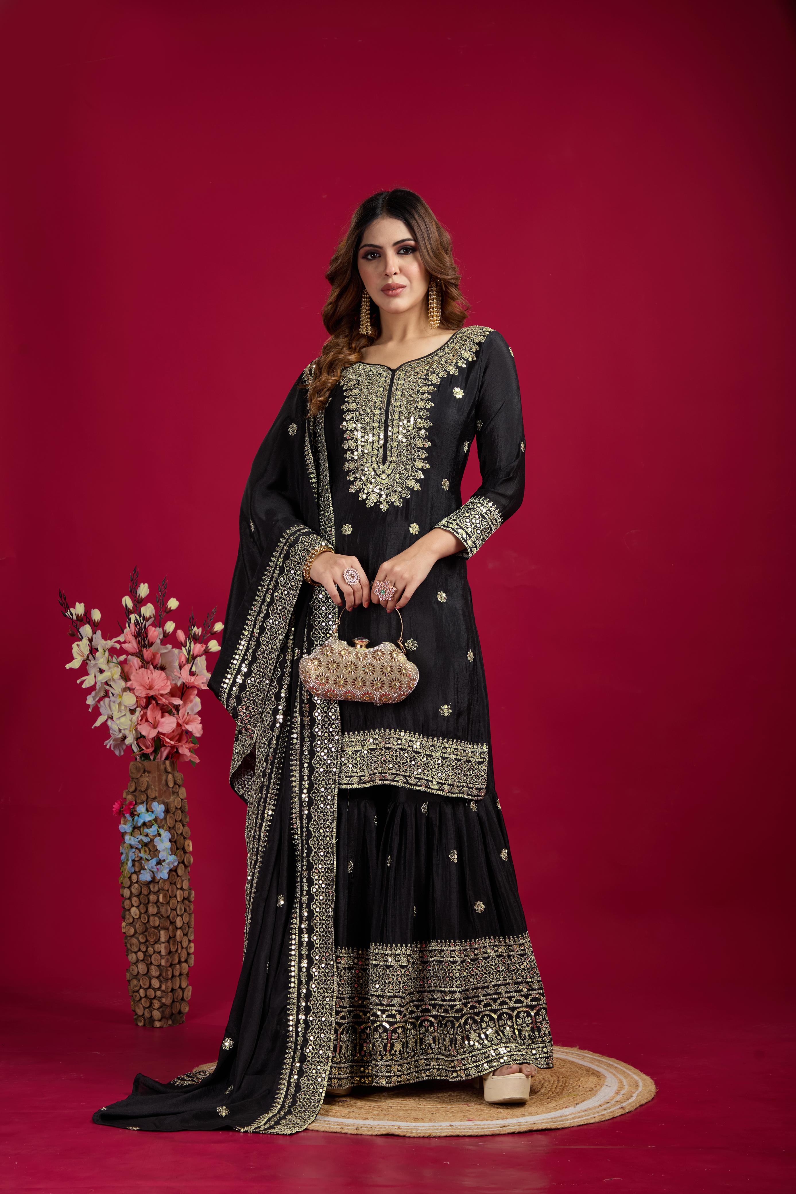 Teeya Creation Black Color Chinnon Silk Heavy Embroidery Work Fully Stitched Sharara Suit | Grocsy