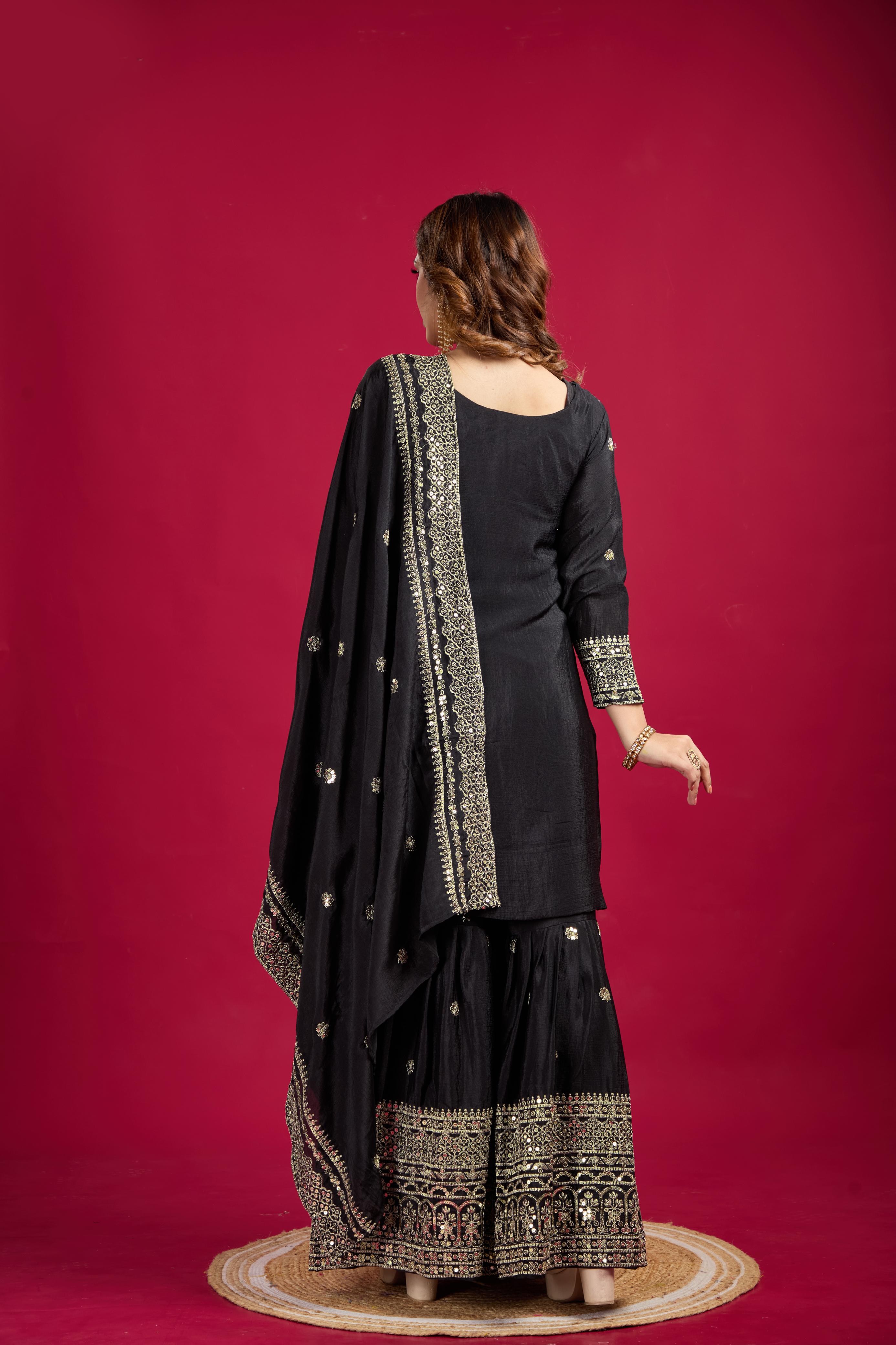 Teeya Creation Black Color Chinnon Silk Heavy Embroidery Work Fully Stitched Sharara Suit | Grocsy