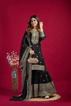 Teeya Creation Black Color Chinnon Silk Heavy Embroidery Work Fully Stitched Sharara Suit | Grocsy