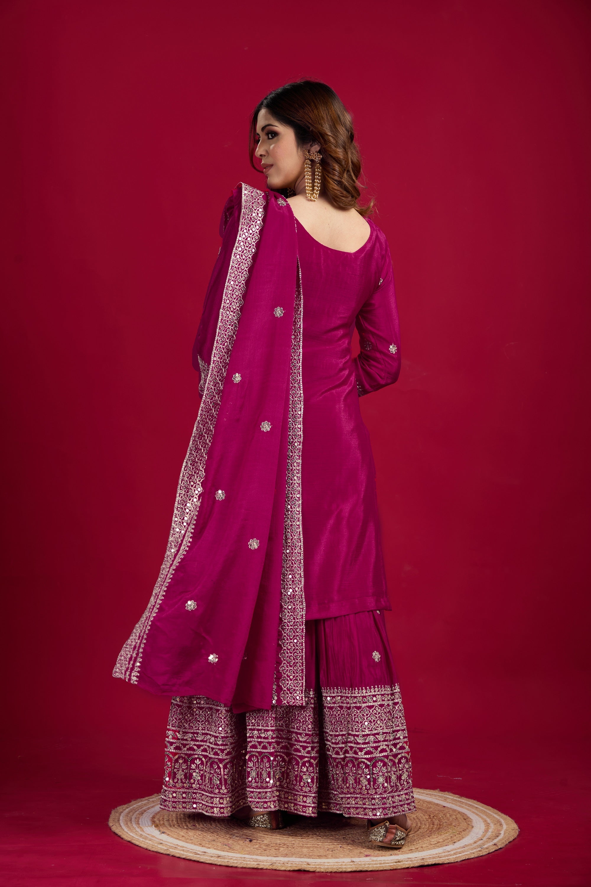 Teeya Creation Rani Color Chinnon Silk Heavy Embroidery Work Fully Stitched Sharara Suit | Grocsy