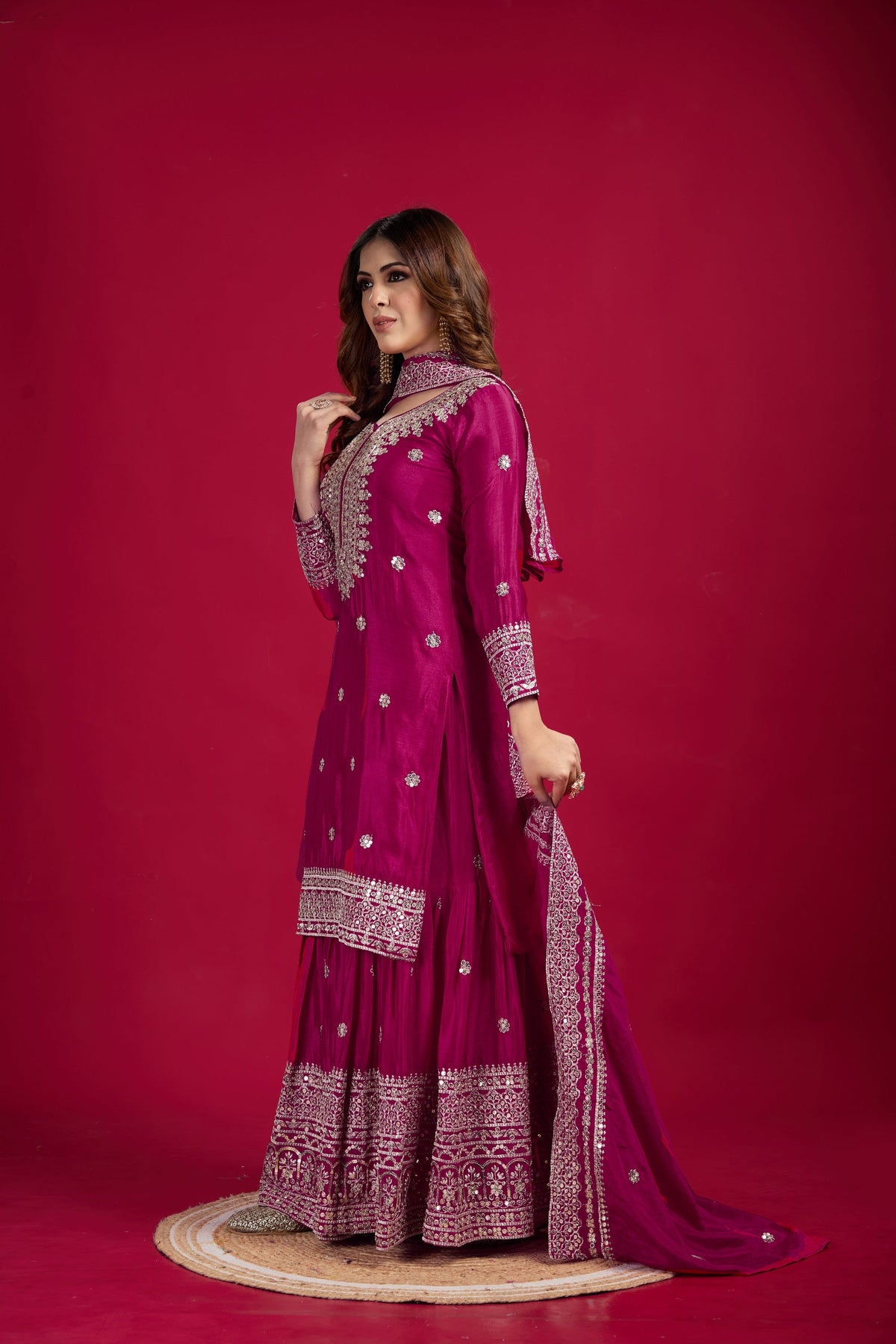 Teeya Creation Rani Color Chinnon Silk Heavy Embroidery Work Fully Stitched Sharara Suit | Grocsy