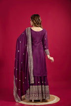 Teeya Creation Violet Color Chinnon Silk Heavy Embroidery Work Fully Stitched Sharara Suit | Grocsy
