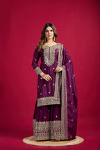 Teeya Creation Violet Color Chinnon Silk Heavy Embroidery Work Fully Stitched Sharara Suit | Grocsy