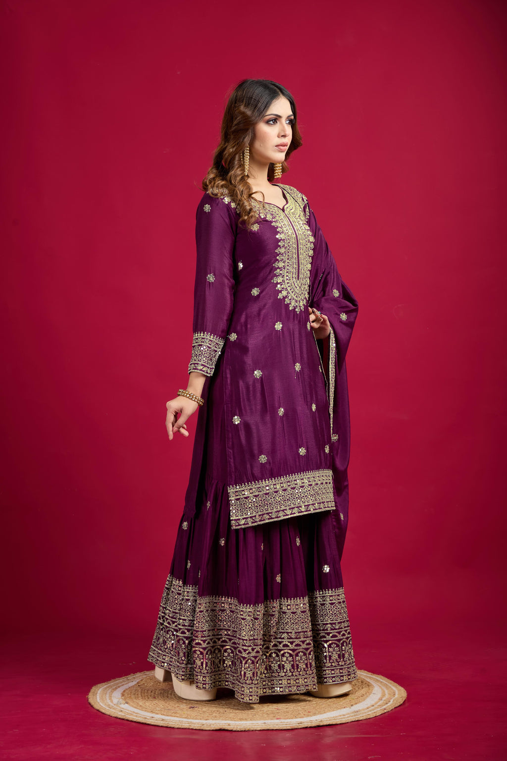 Teeya Creation Violet Color Chinnon Silk Heavy Embroidery Work Fully Stitched Sharara Suit | Grocsy