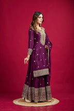 Teeya Creation Violet Color Chinnon Silk Heavy Embroidery Work Fully Stitched Sharara Suit | Grocsy