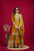 Teeya Creation Mustard Color Chinnon Silk Heavy Embroidery Work Fully Stitched Sharara Suit | Grocsy