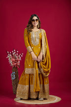 Teeya Creation Mustard Color Chinnon Silk Heavy Embroidery Work Fully Stitched Sharara Suit | Grocsy