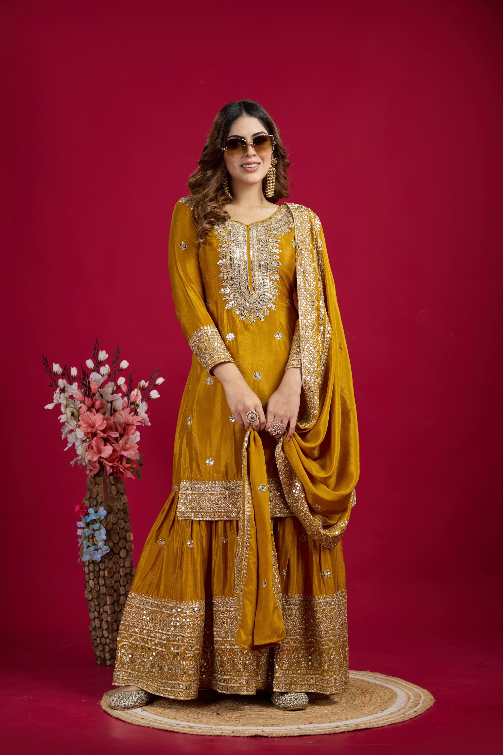 Teeya Creation Mustard Color Chinnon Silk Heavy Embroidery Work Fully Stitched Sharara Suit | Grocsy