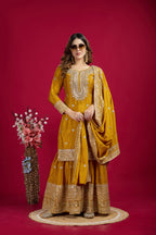 Teeya Creation Mustard Color Chinnon Silk Heavy Embroidery Work Fully Stitched Sharara Suit | Grocsy