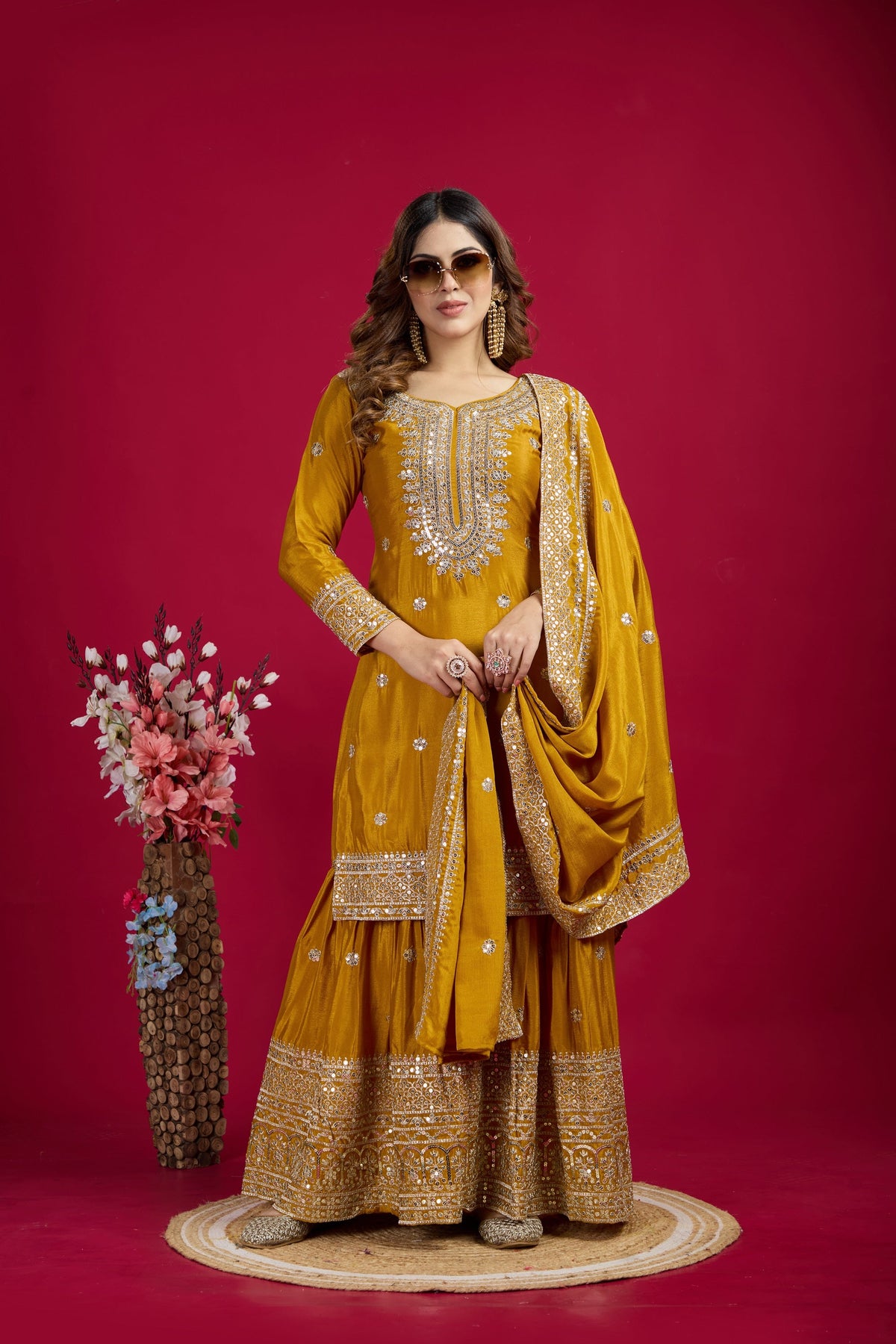Teeya Creation Mustard Color Chinnon Silk Heavy Embroidery Work Fully Stitched Sharara Suit | Grocsy
