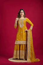 Teeya Creation Mustard Color Chinnon Silk Heavy Embroidery Work Fully Stitched Sharara Suit | Grocsy