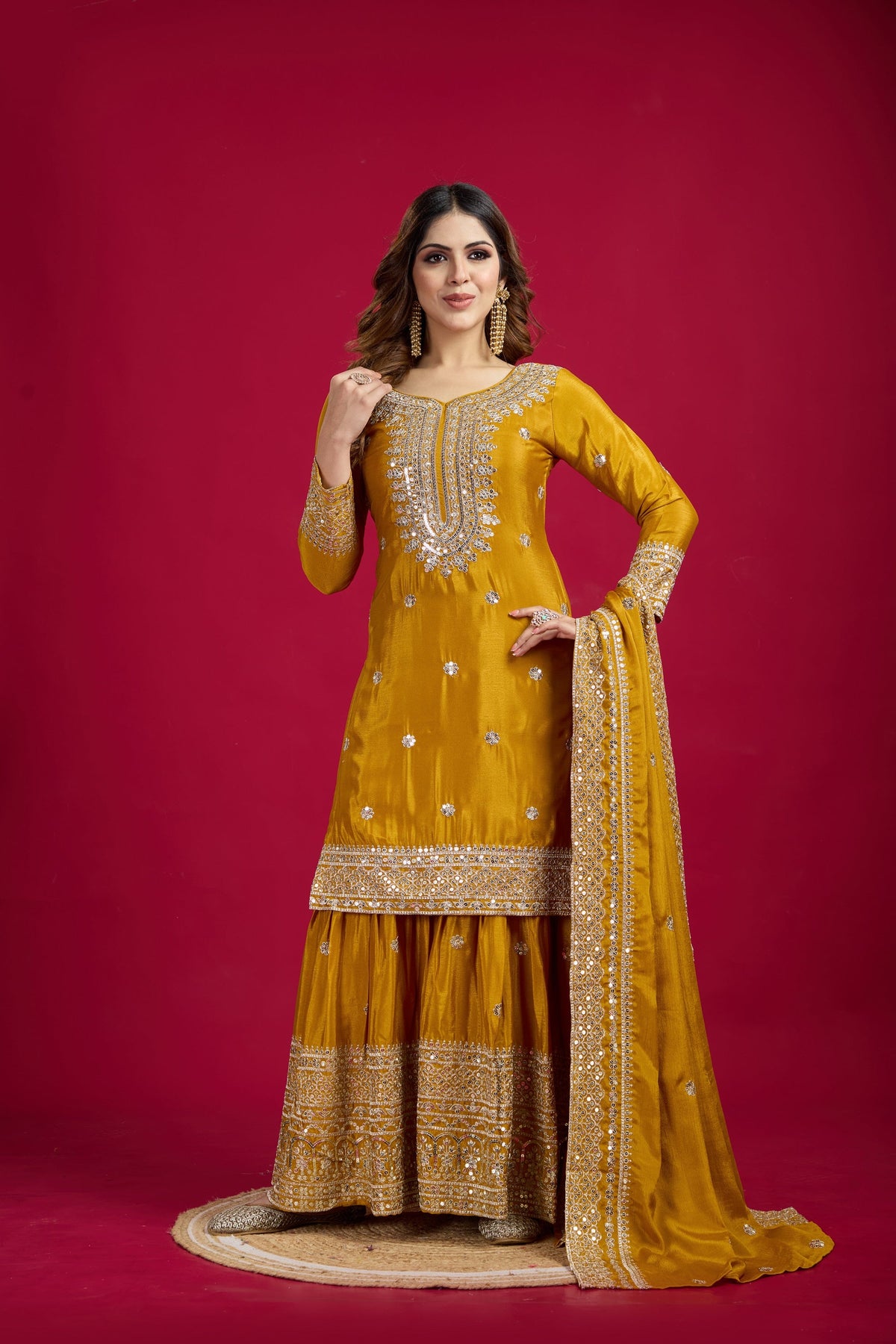 Teeya Creation Mustard Color Chinnon Silk Heavy Embroidery Work Fully Stitched Sharara Suit | Grocsy