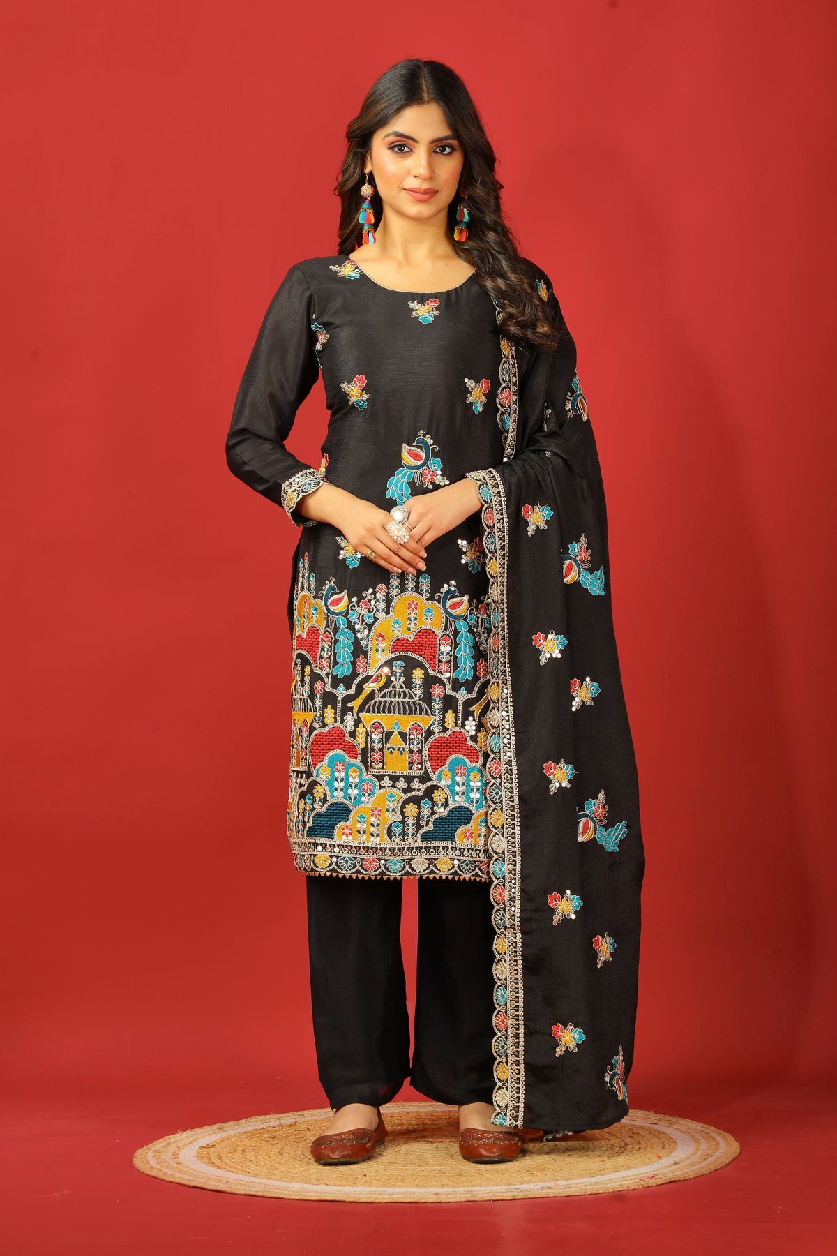 Teeya Creation Black Color Chinnon Silk Heavy Embroidery Work Fully Stitched Salwar Suit | Grocsy