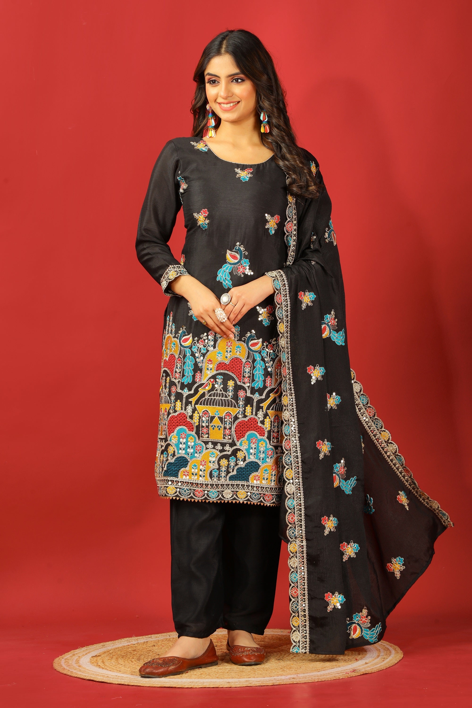 Teeya Creation Black Color Chinnon Silk Heavy Embroidery Work Fully Stitched Salwar Suit | Grocsy