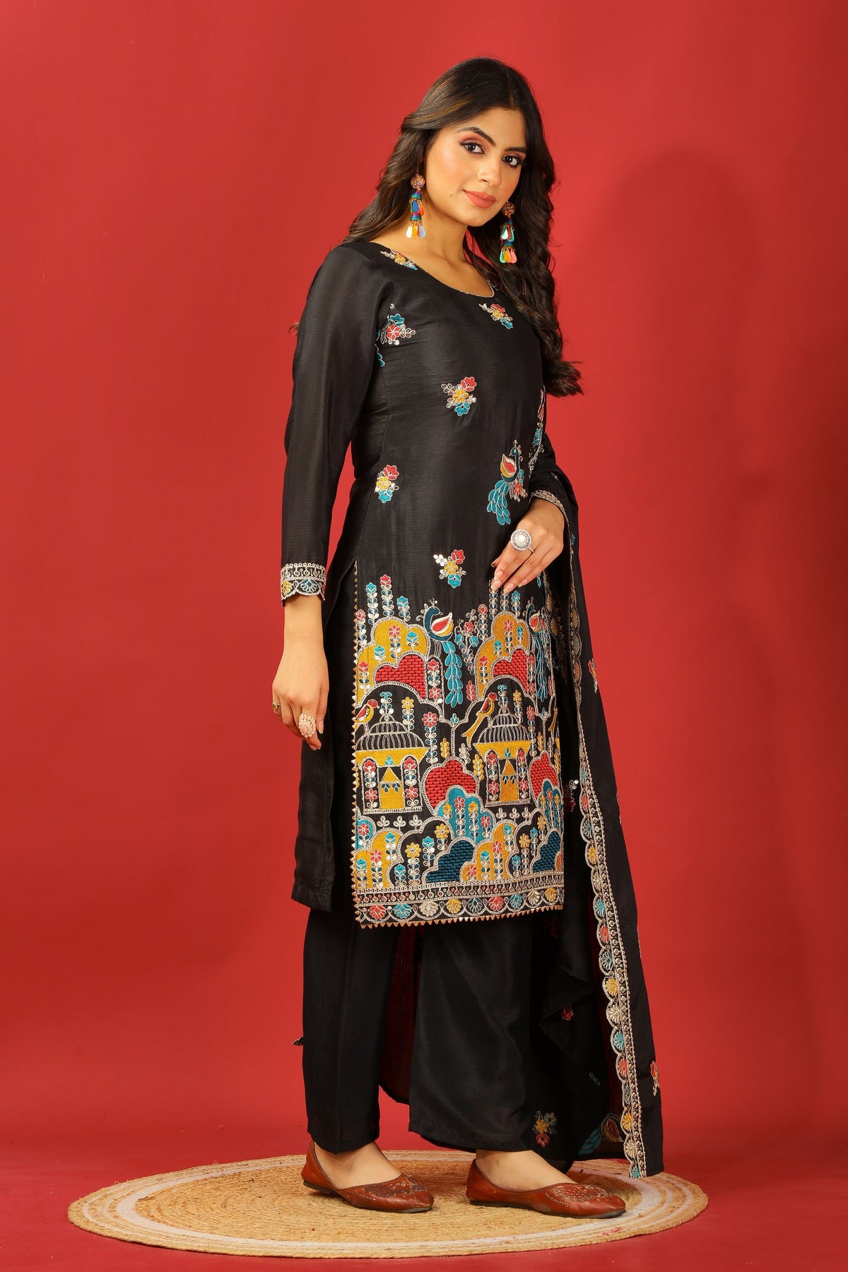 Teeya Creation Black Color Chinnon Silk Heavy Embroidery Work Fully Stitched Salwar Suit | Grocsy