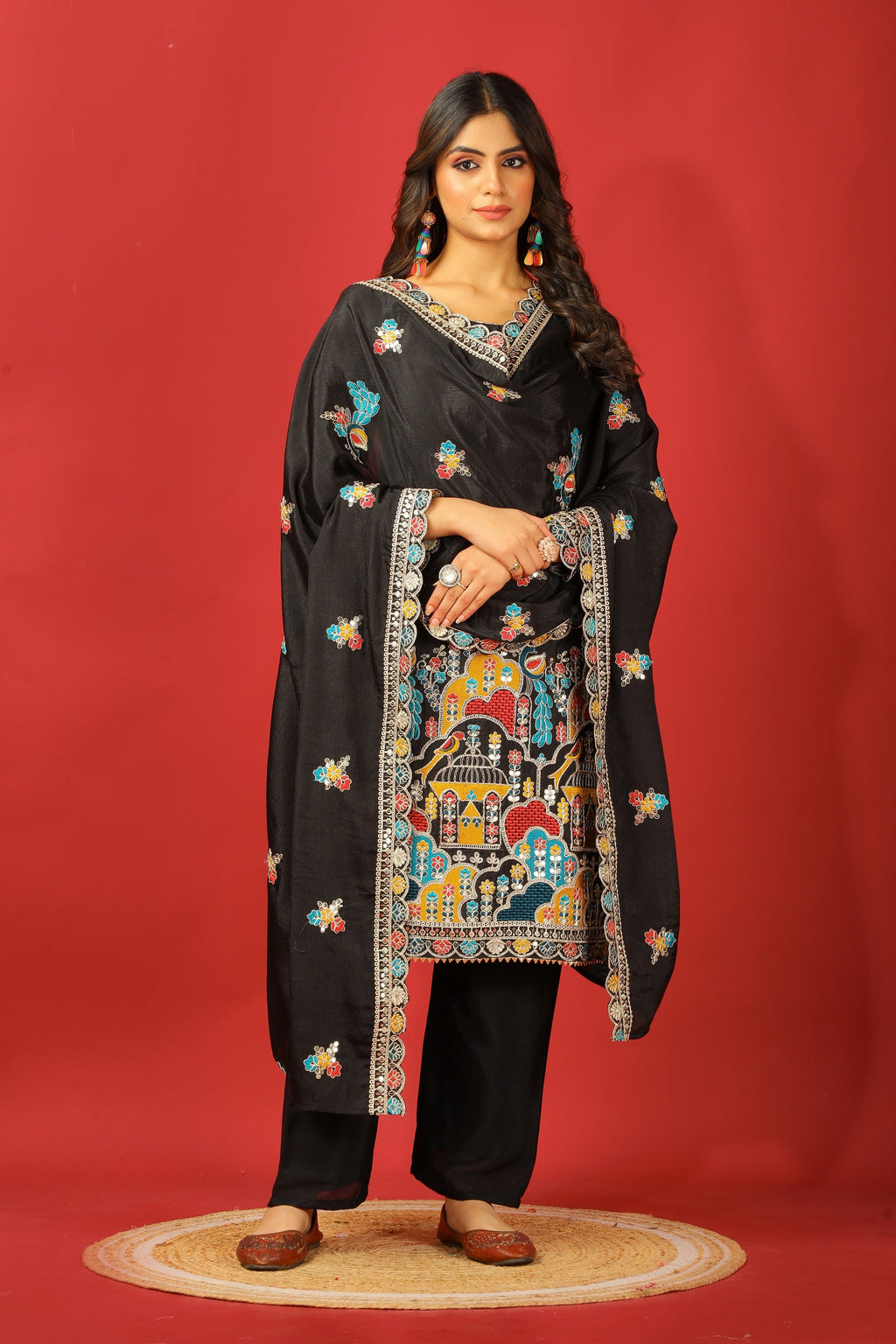 Teeya Creation Black Color Chinnon Silk Heavy Embroidery Work Fully Stitched Salwar Suit | Grocsy
