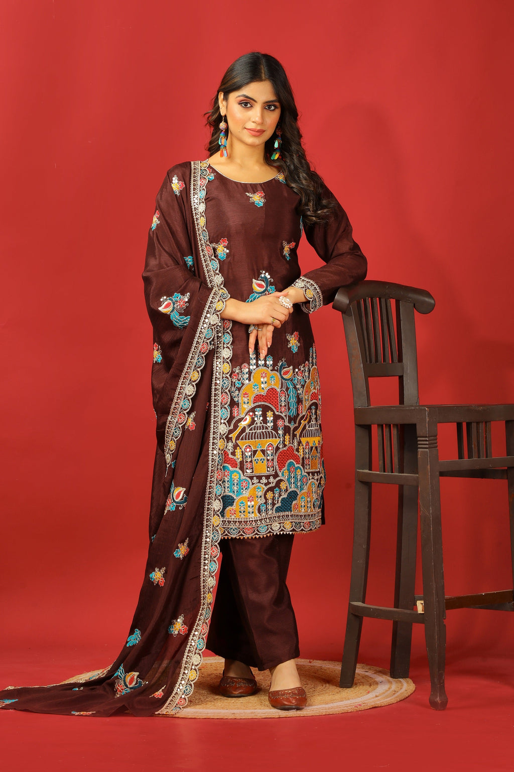 Teeya Creation Coffee Color Chinnon Silk Heavy Embroidery Work Fully Stitched Salwar Suit | Grocsy