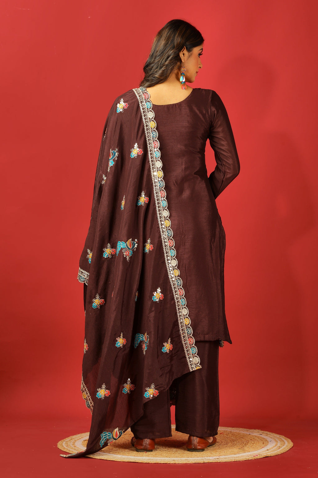 Teeya Creation Coffee Color Chinnon Silk Heavy Embroidery Work Fully Stitched Salwar Suit | Grocsy
