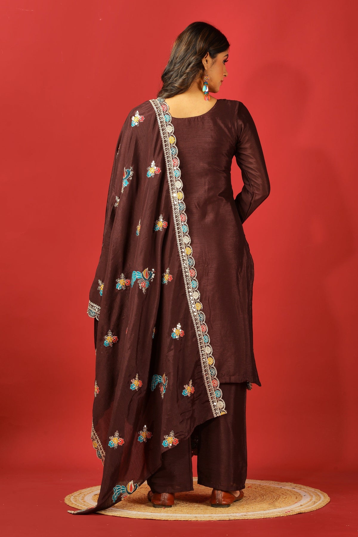 Teeya Creation Coffee Color Chinnon Silk Heavy Embroidery Work Fully Stitched Salwar Suit | Grocsy