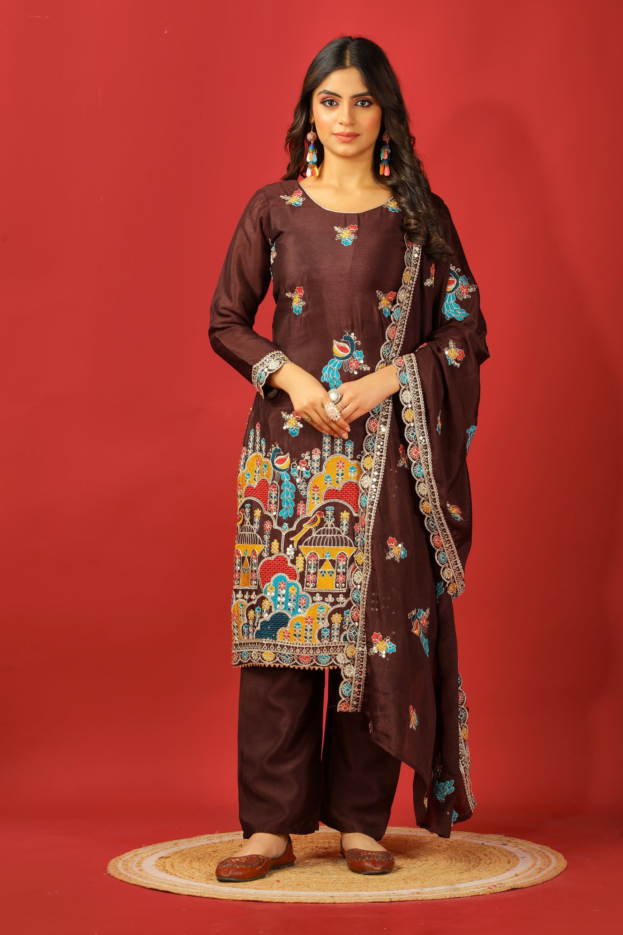 Teeya Creation Coffee Color Chinnon Silk Heavy Embroidery Work Fully Stitched Salwar Suit | Grocsy