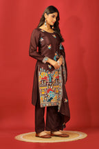 Teeya Creation Coffee Color Chinnon Silk Heavy Embroidery Work Fully Stitched Salwar Suit | Grocsy