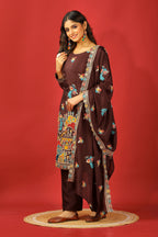 Teeya Creation Coffee Color Chinnon Silk Heavy Embroidery Work Fully Stitched Salwar Suit | Grocsy