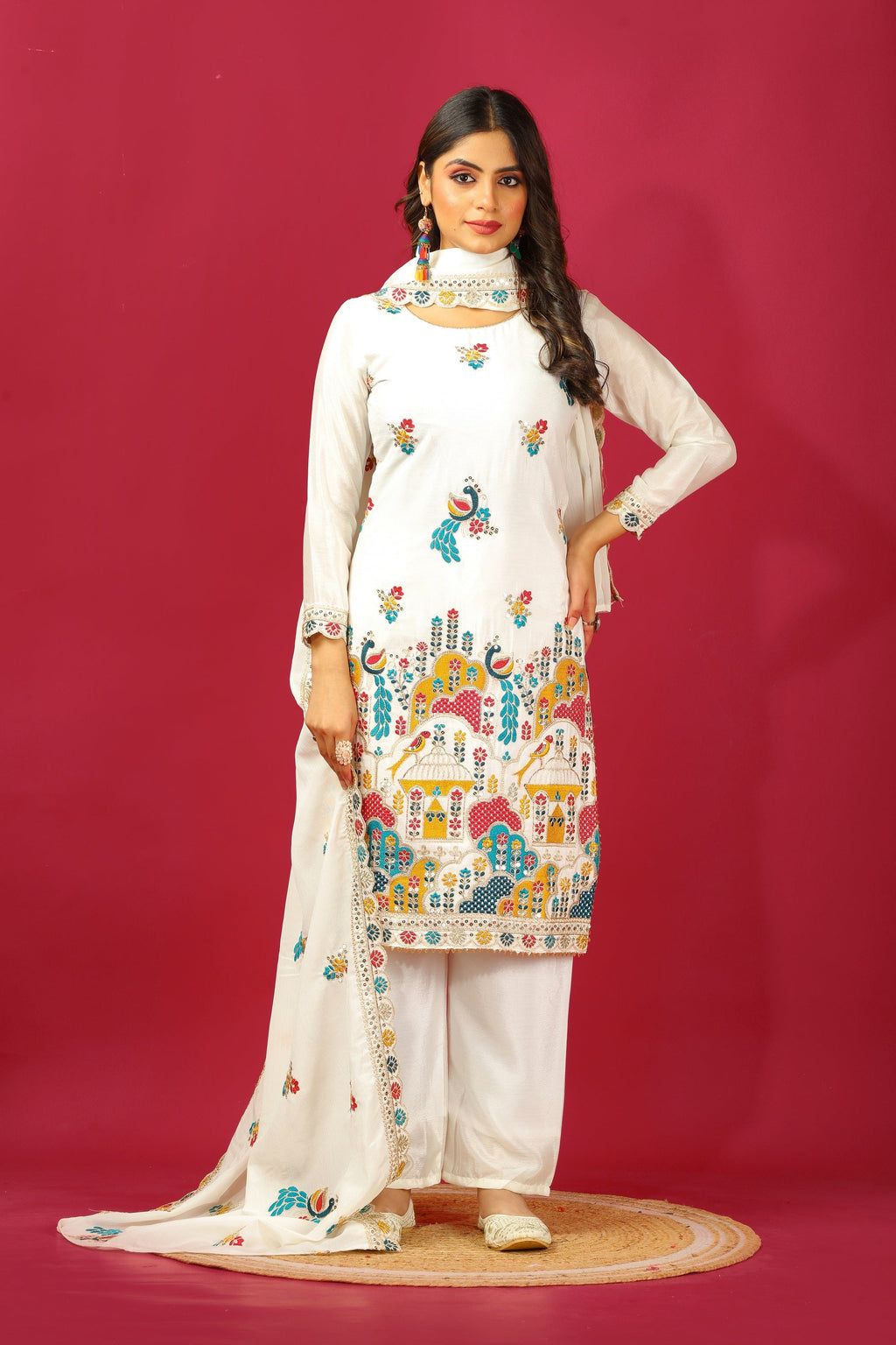 Teeya Creation White Color Chinnon Silk Heavy Embroidery Work Fully Stitched Salwar Suit | Grocsy