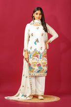 Teeya Creation White Color Chinnon Silk Heavy Embroidery Work Fully Stitched Salwar Suit | Grocsy
