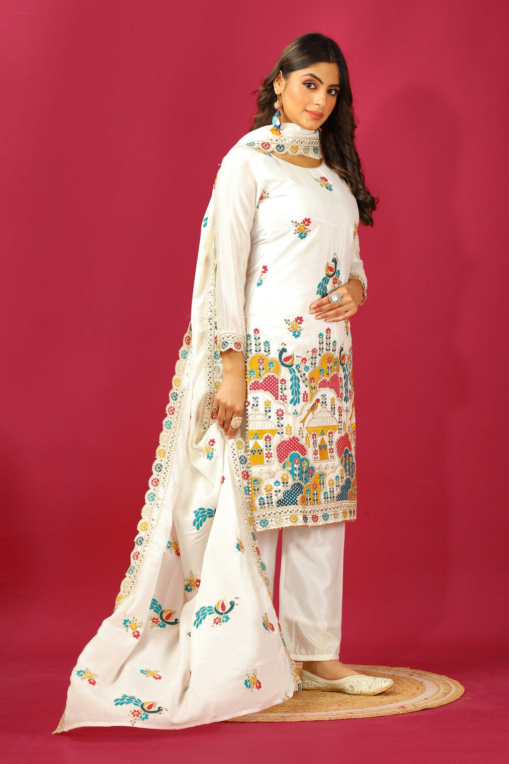 Teeya Creation White Color Chinnon Silk Heavy Embroidery Work Fully Stitched Salwar Suit | Grocsy