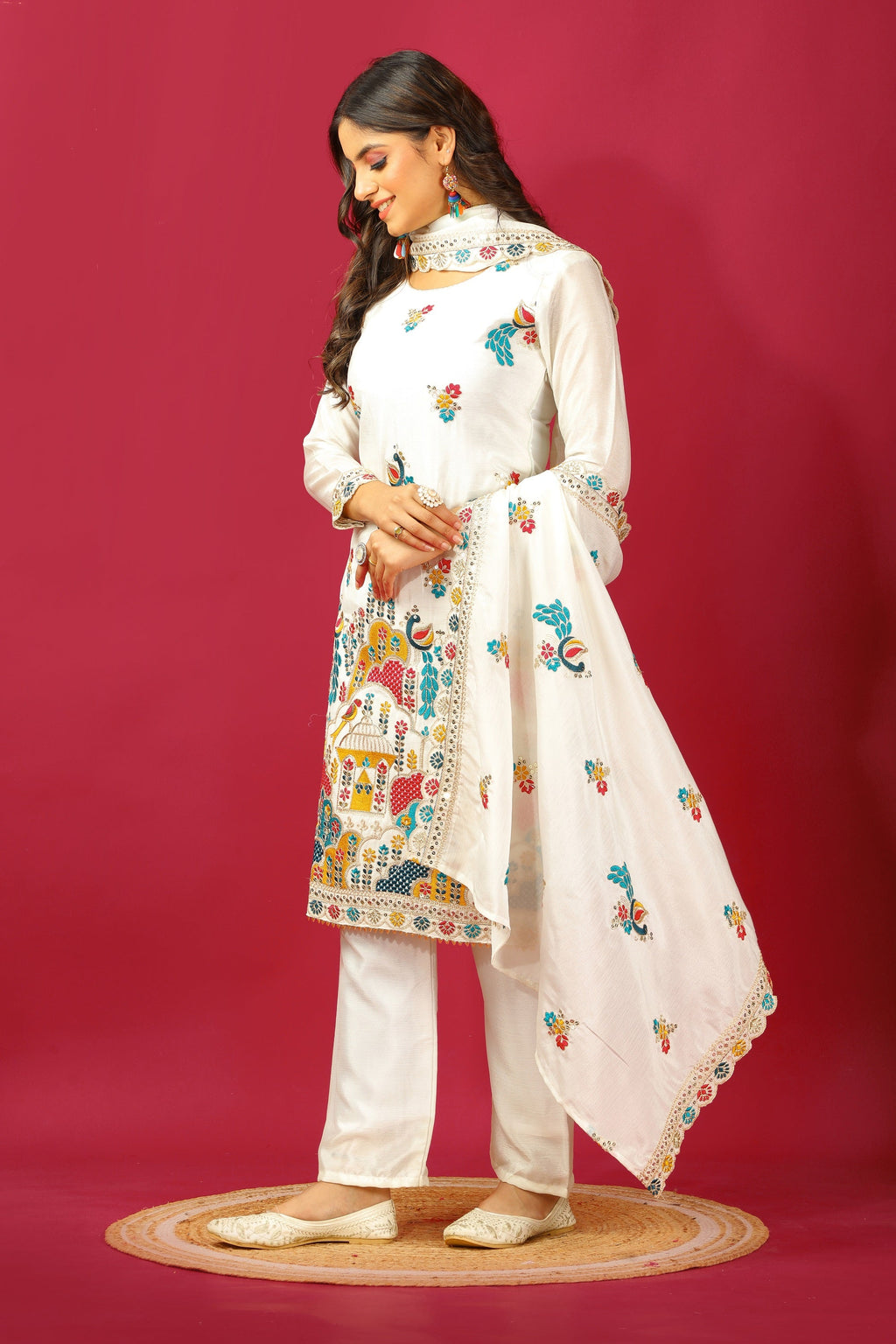 Teeya Creation White Color Chinnon Silk Heavy Embroidery Work Fully Stitched Salwar Suit | Grocsy