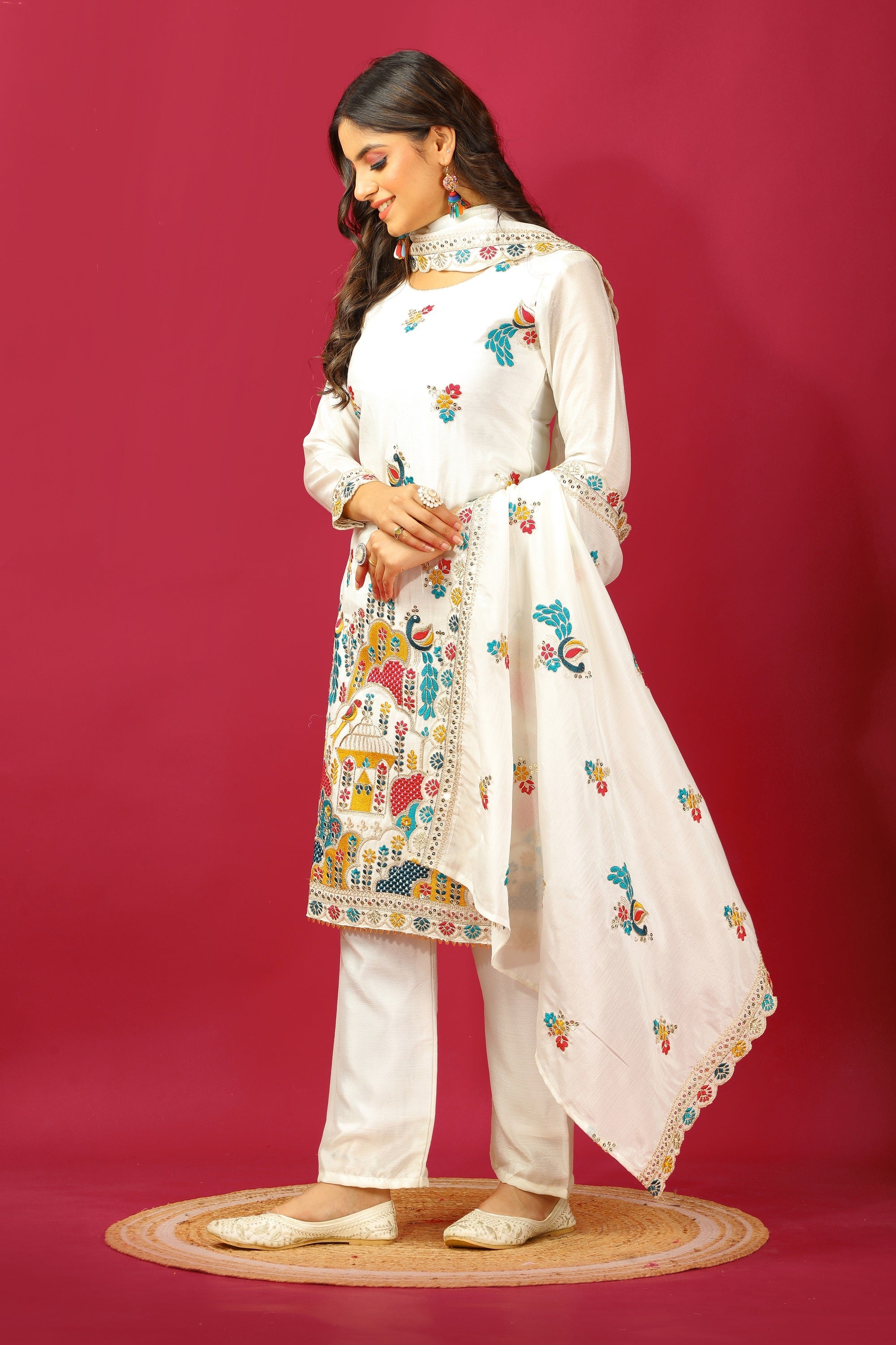 Teeya Creation White Color Chinnon Silk Heavy Embroidery Work Fully Stitched Salwar Suit | Grocsy