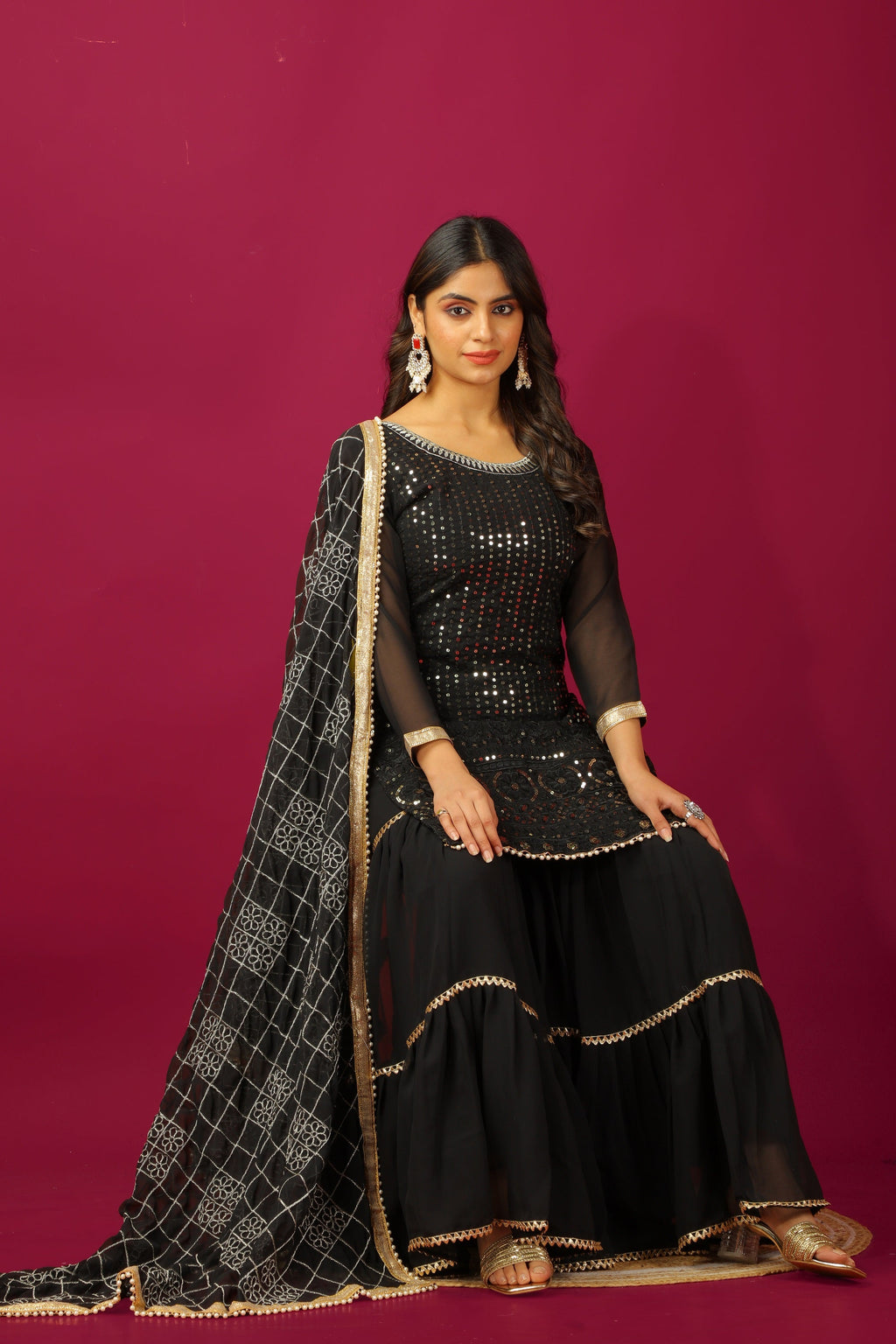 Teeya Creation Black Color Faux Georgette Heavy Embroidery Work Fully Stitched Sharara Suit | Grocsy
