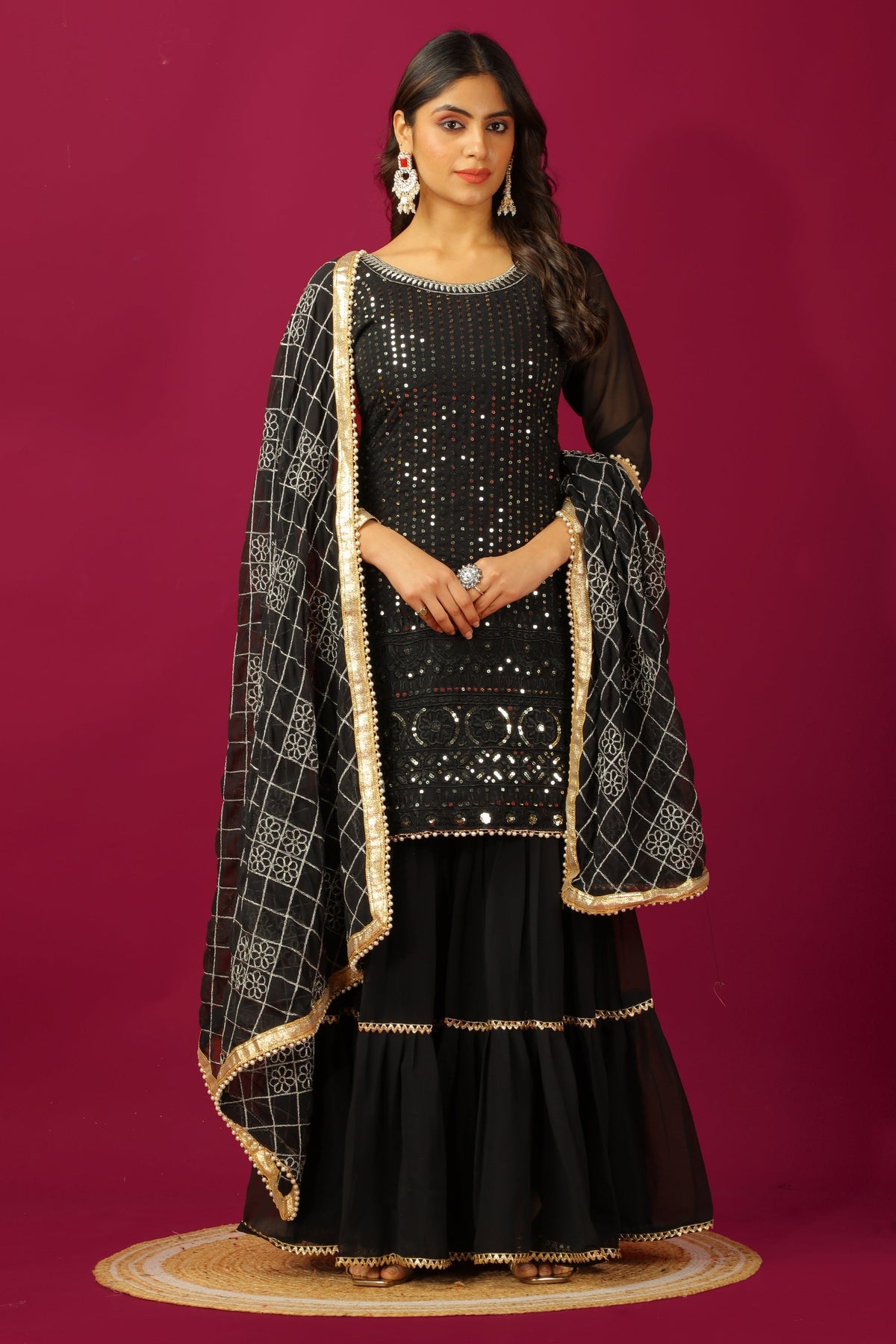 Teeya Creation Black Color Faux Georgette Heavy Embroidery Work Fully Stitched Sharara Suit | Grocsy