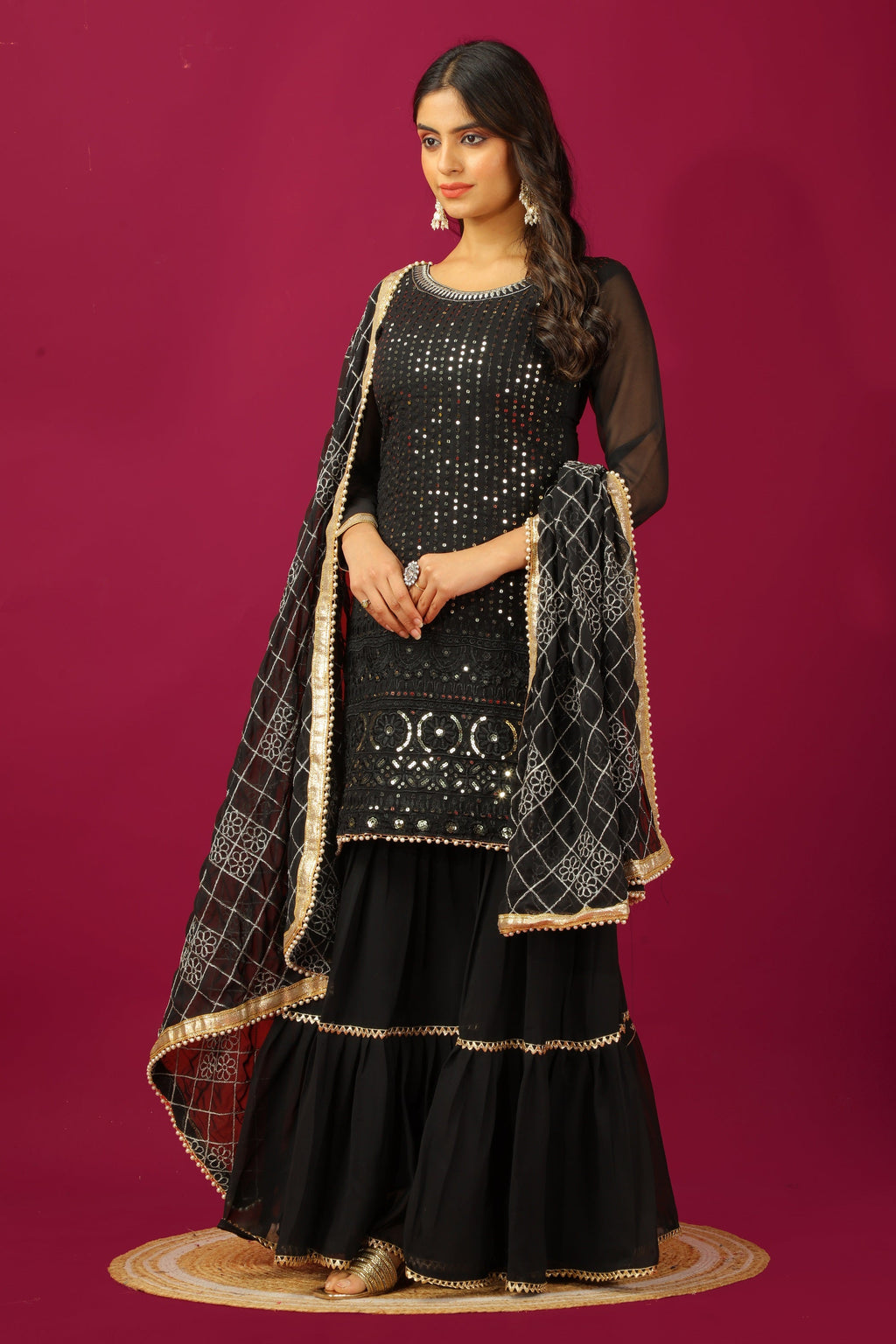 Teeya Creation Black Color Faux Georgette Heavy Embroidery Work Fully Stitched Sharara Suit | Grocsy