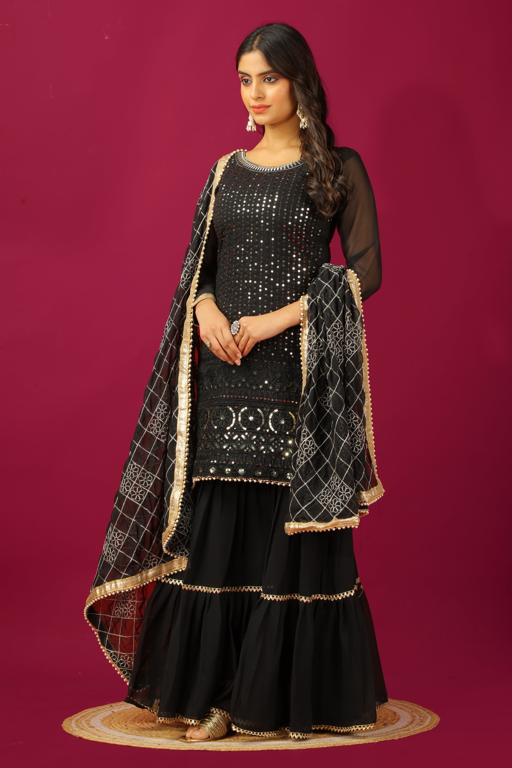 Teeya Creation Black Color Faux Georgette Heavy Embroidery Work Fully Stitched Sharara Suit | Grocsy