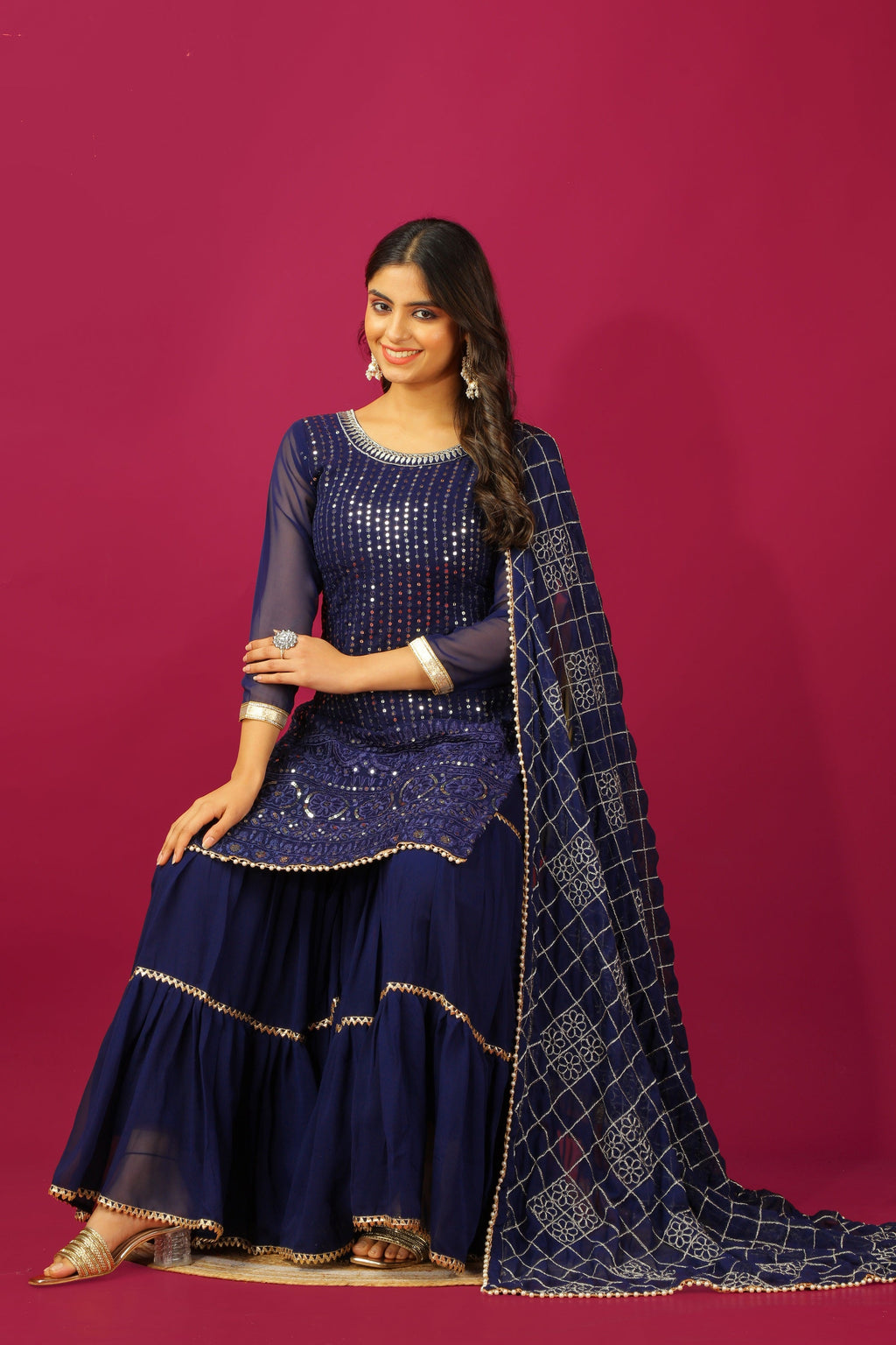 Teeya Creation Blue Color Faux Georgette Heavy Embroidery Work Fully Stitched Sharara Suit | Grocsy