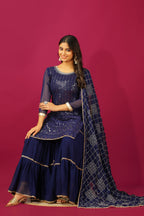 Teeya Creation Blue Color Faux Georgette Heavy Embroidery Work Fully Stitched Sharara Suit | Grocsy