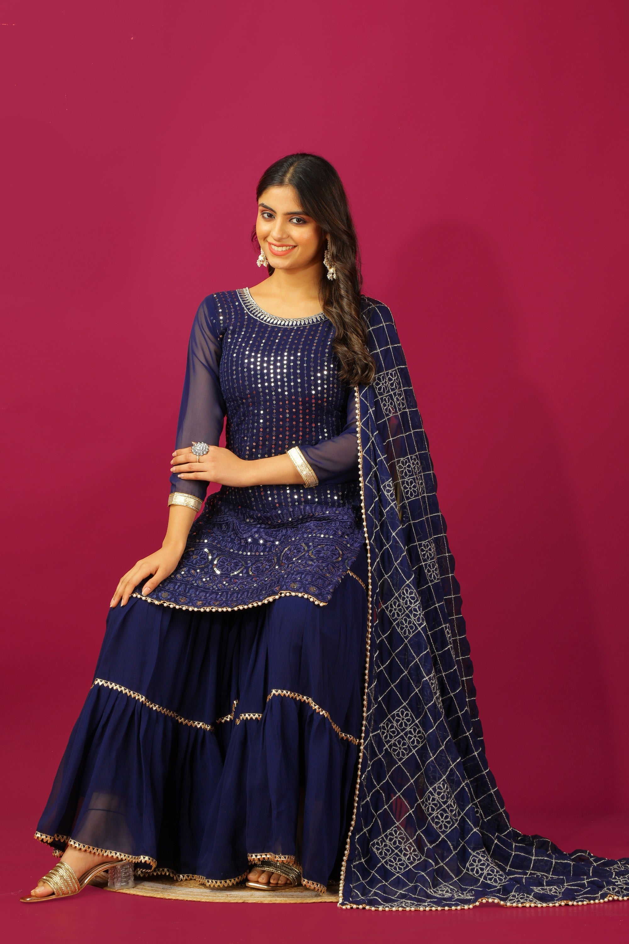 Teeya Creation Blue Color Faux Georgette Heavy Embroidery Work Fully Stitched Sharara Suit | Grocsy