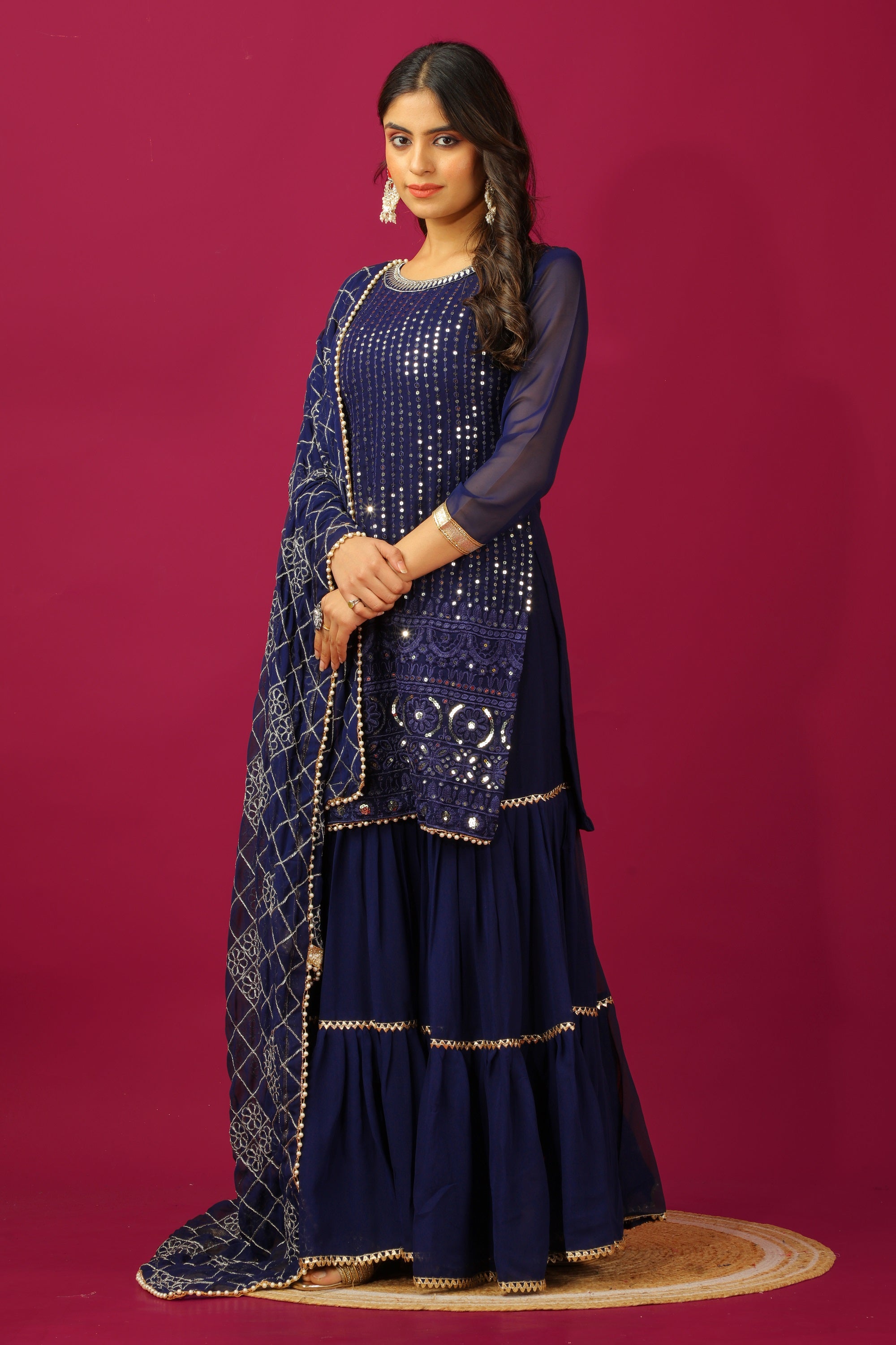 Teeya Creation Blue Color Faux Georgette Heavy Embroidery Work Fully Stitched Sharara Suit | Grocsy